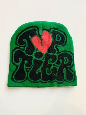 TOP TIER Dark Green Red Broken Heart Knitted Beanie Hat Warm Winter Streetwear
